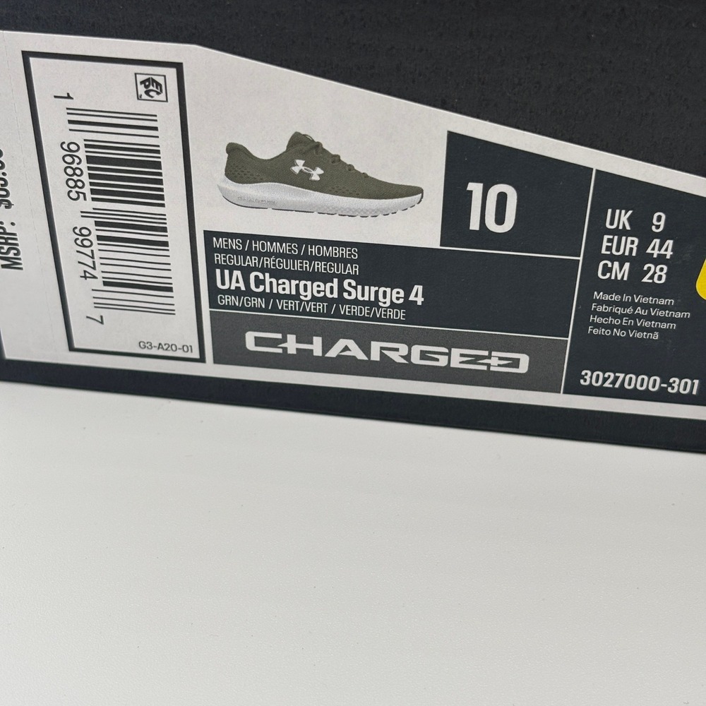 Under Armour Charged Surge 4 Shoes Mens Size 10 Green White Running 3027000-301 - Picture 2 of 8